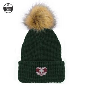 Belgian Knit Cuff Hat with Faux Fur Pom, Green