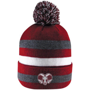 Primetime Striped Knit Cuff Hat with Pom, Cardinal